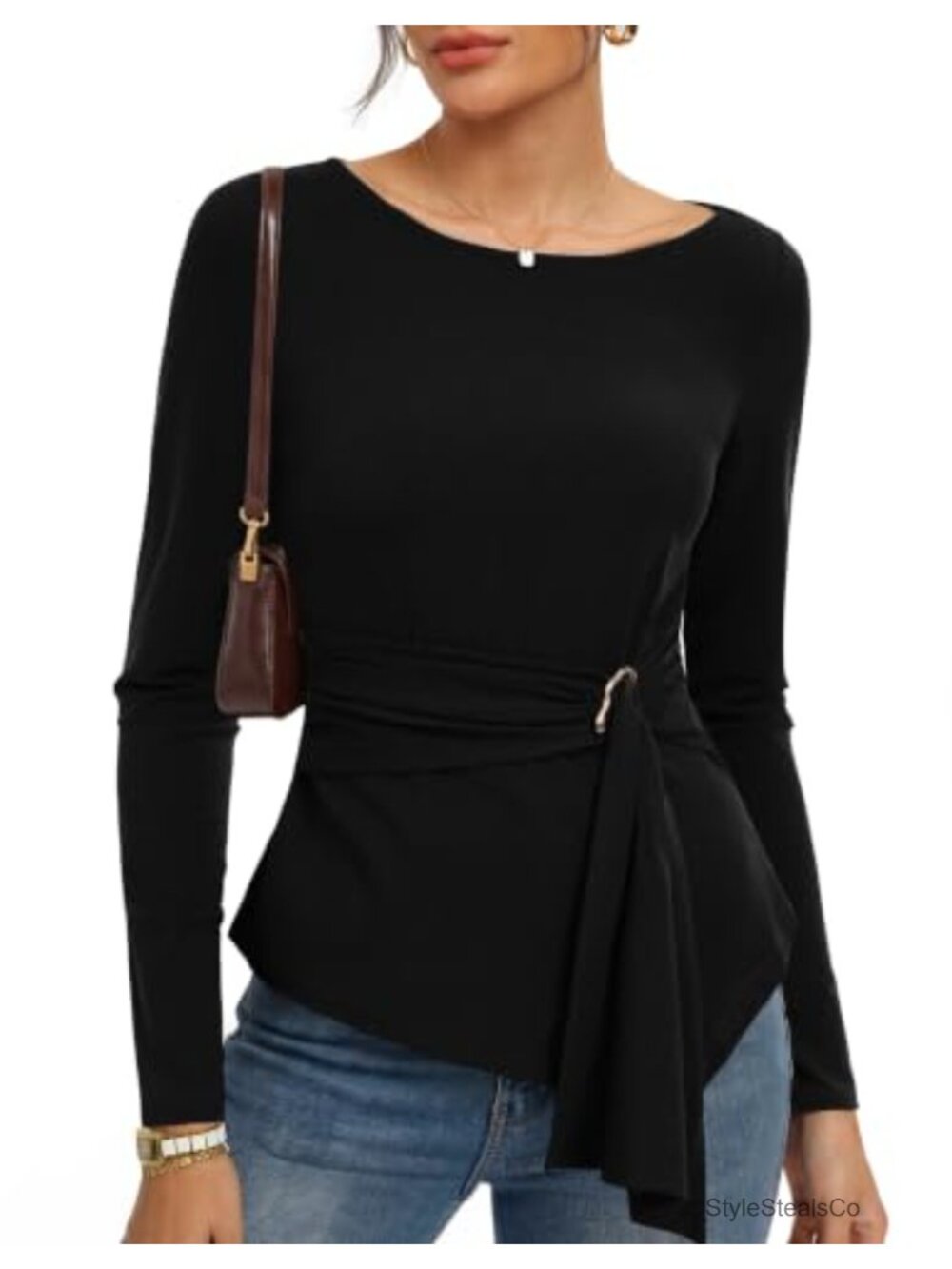 Women's Boat Neck Wrap Blouse, Cinched Waist Asymmetrical Top